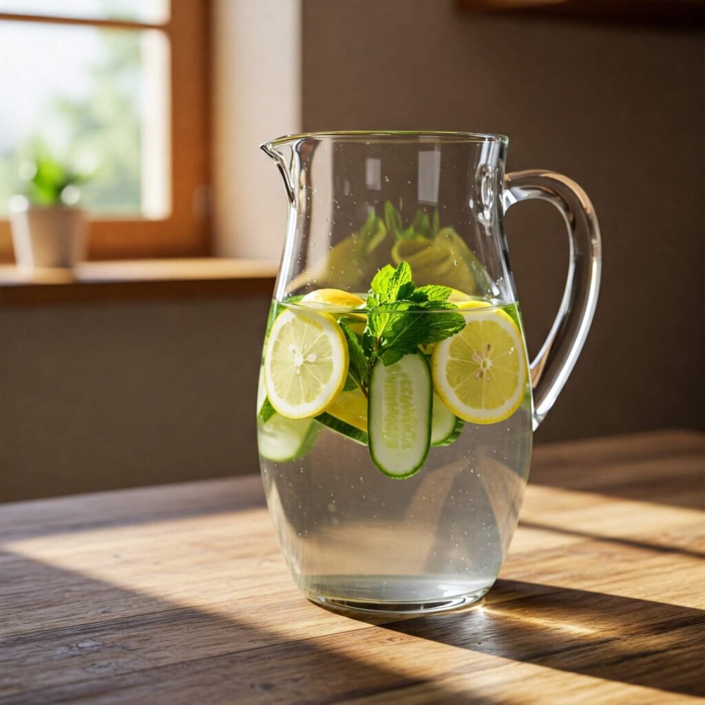 Infused water with lemon, mint, and cucumber.