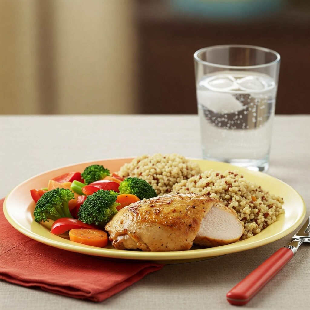 Colorful plate with chicken, quinoa, veggies, and water.