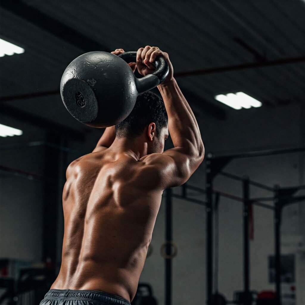 Close-up of an athlete executing a kettlebell swing with focused intensity, demonstrating strength and perfect form