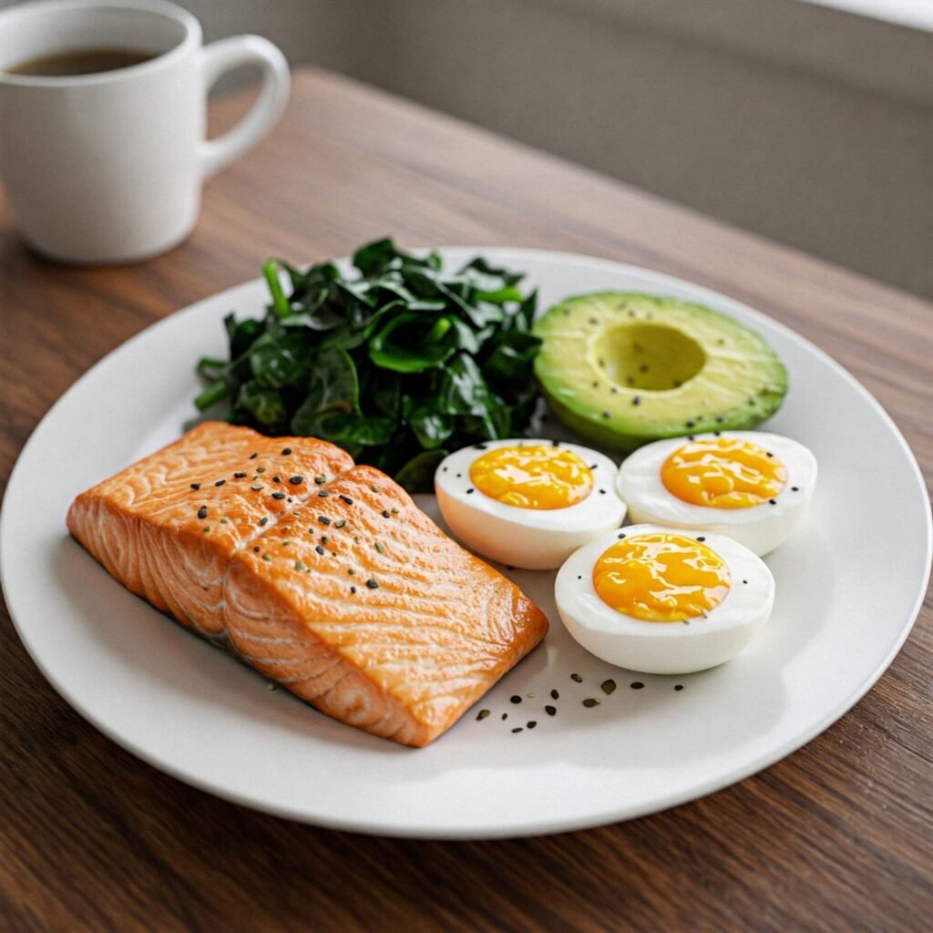 Keto meal with avocado, salmon, and eggs