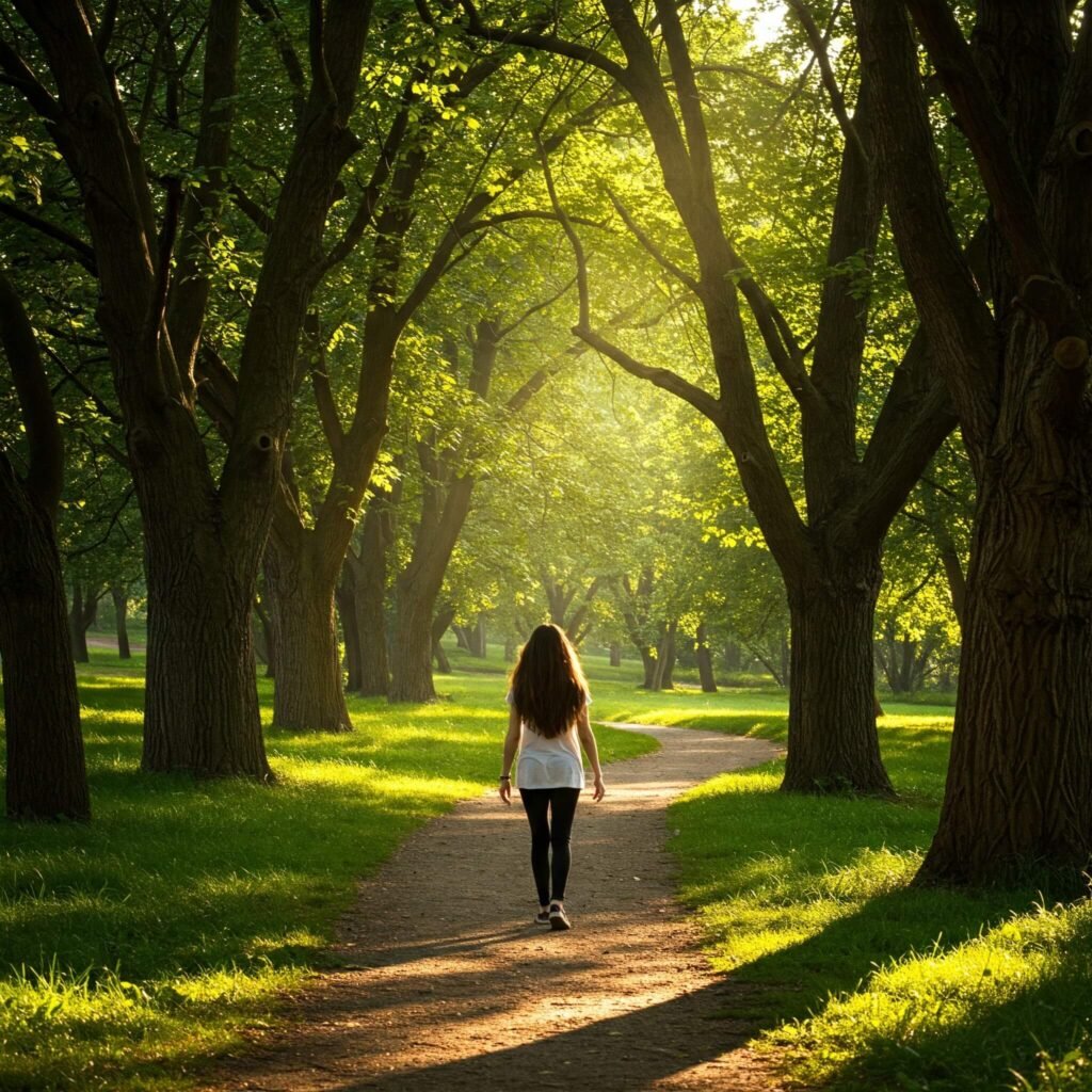 A person walking mindfully in a lush park with sunlight filtering through trees.
