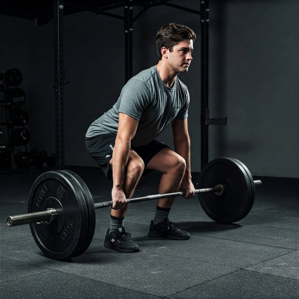 Determined individual lifting barbell
