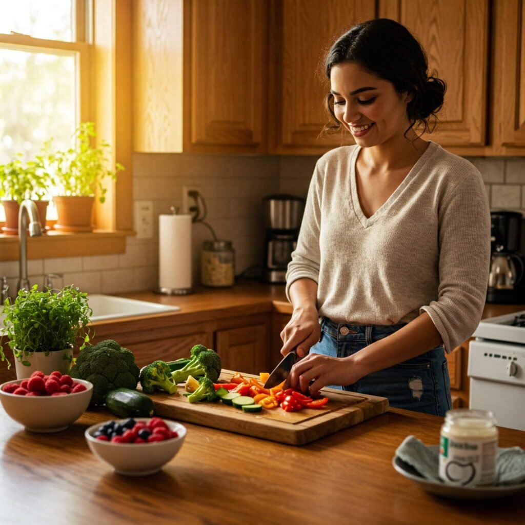 Person preparing a paleo meal with fresh vegetables in a warm, cozy kitchen