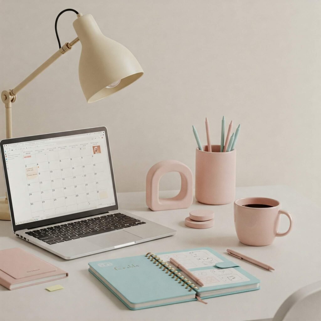 Organized desk with planner and laptop.