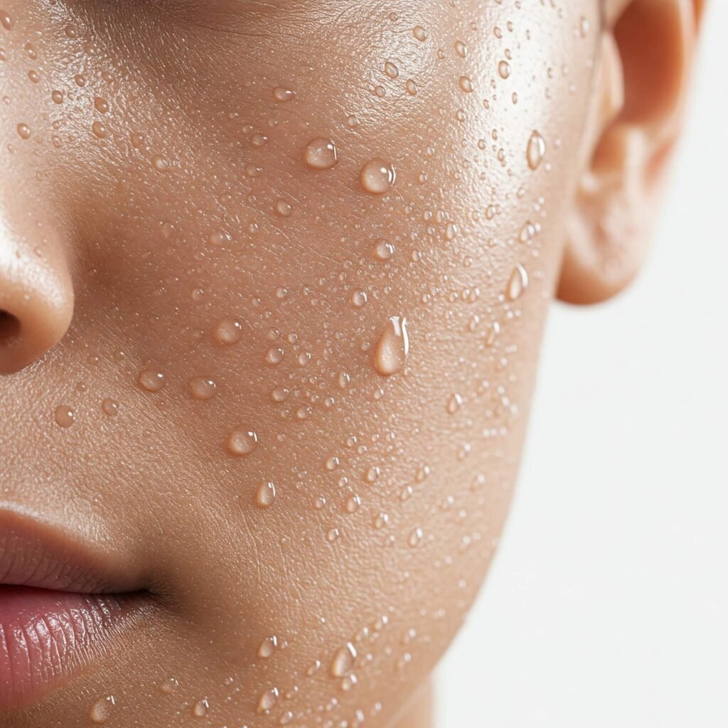Close-up of radiant, hydrated skin with water droplets
