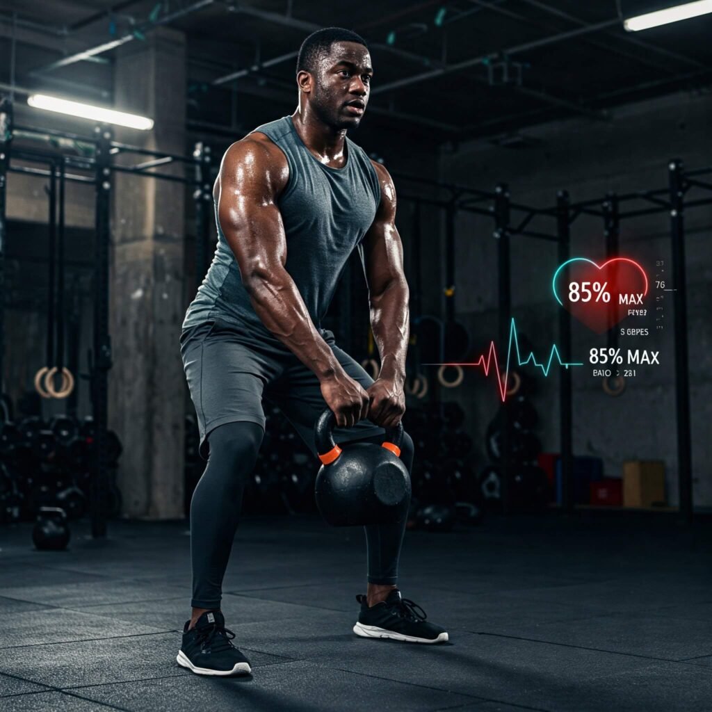 Athlete performing kettlebell swings with heart rate monitor at 85%.