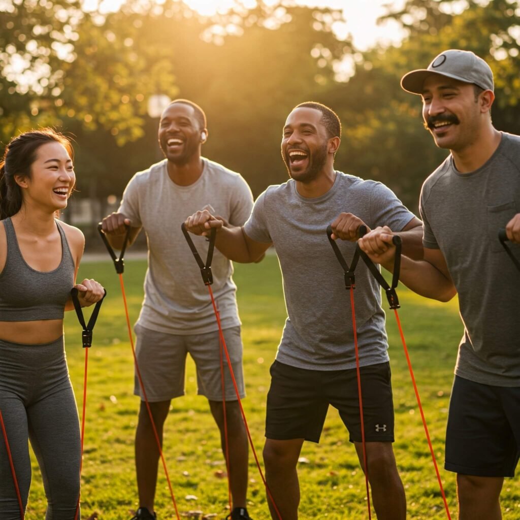 Diverse friends doing resistance band workout outdoors.