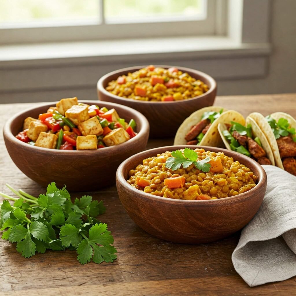 Vegan protein dishes with tofu stir-fry, lentil curry, and seitan tacos