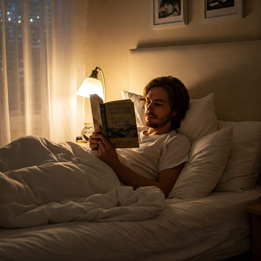 Person reading a book in a cozy bedroom.