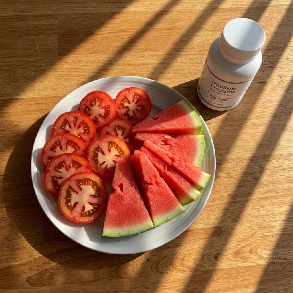 Colorful breakfast plate with lycopene foods
