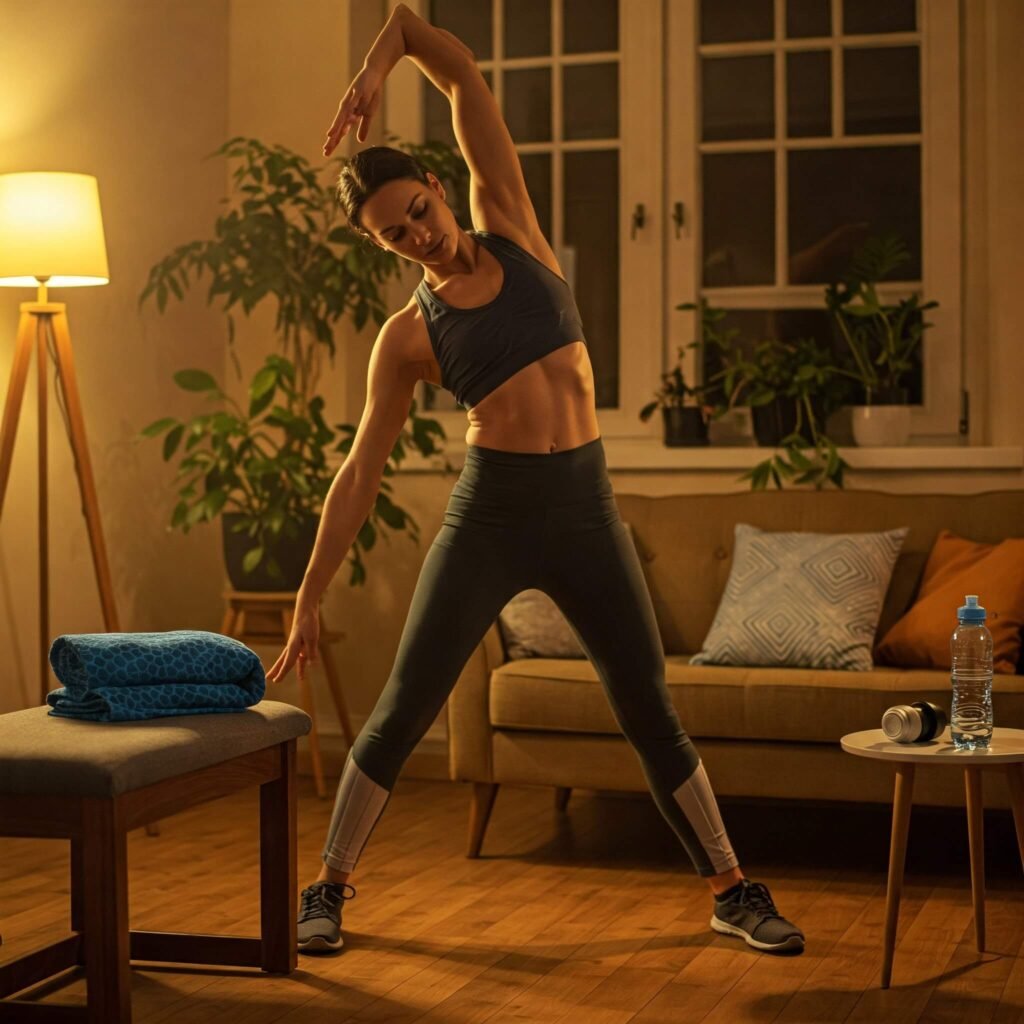 A person stretching in a cozy home."