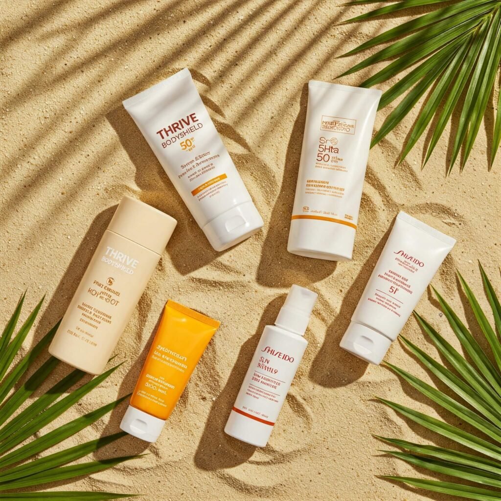 Top sunscreens for sun protection on a tropical background
