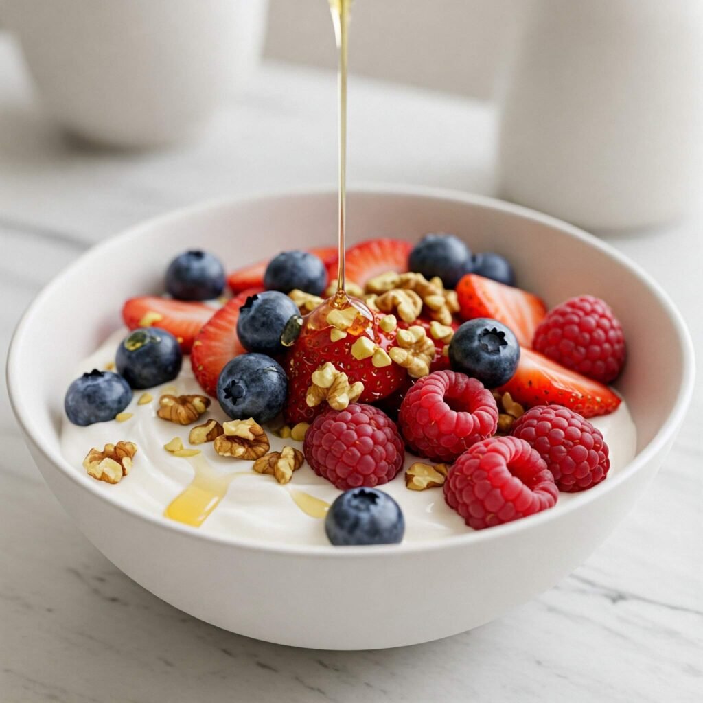 Greek yogurt bowl with berries, nuts, and honey