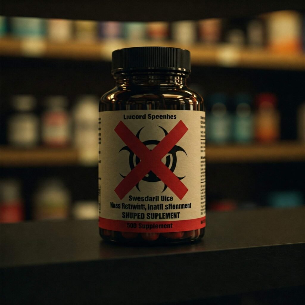 Warning sign on a bottle of suspicious supplements