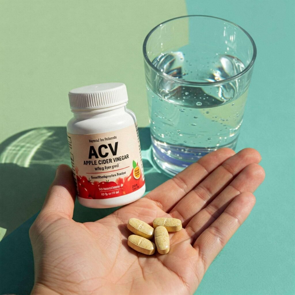 Calming image of ACV pills and water.