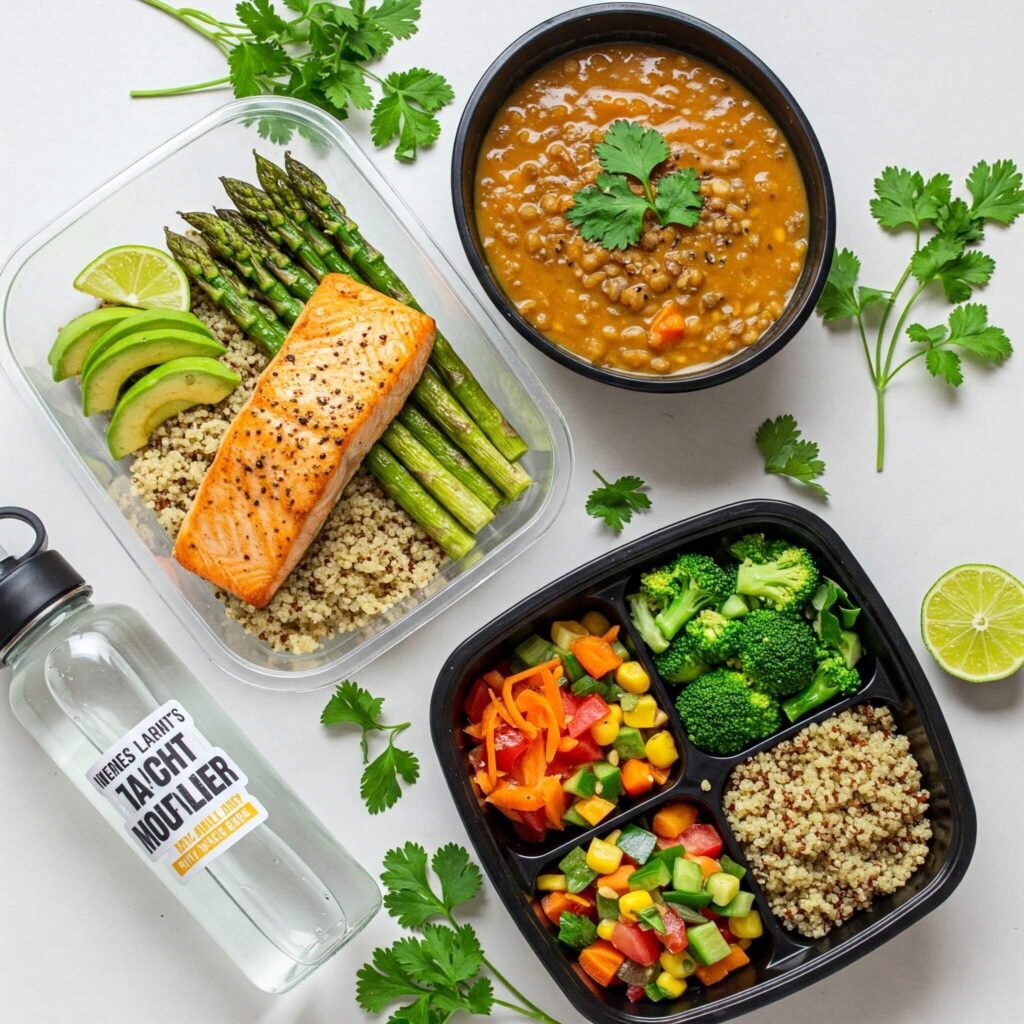 Flat-lay of three meal prep containers filled with colorful weight loss meals, fresh herbs, and a water bottle.