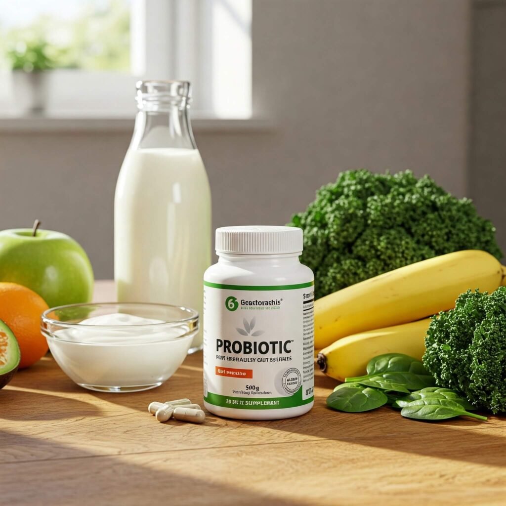 Probiotic bottle surrounded by healthy foods for gut health.