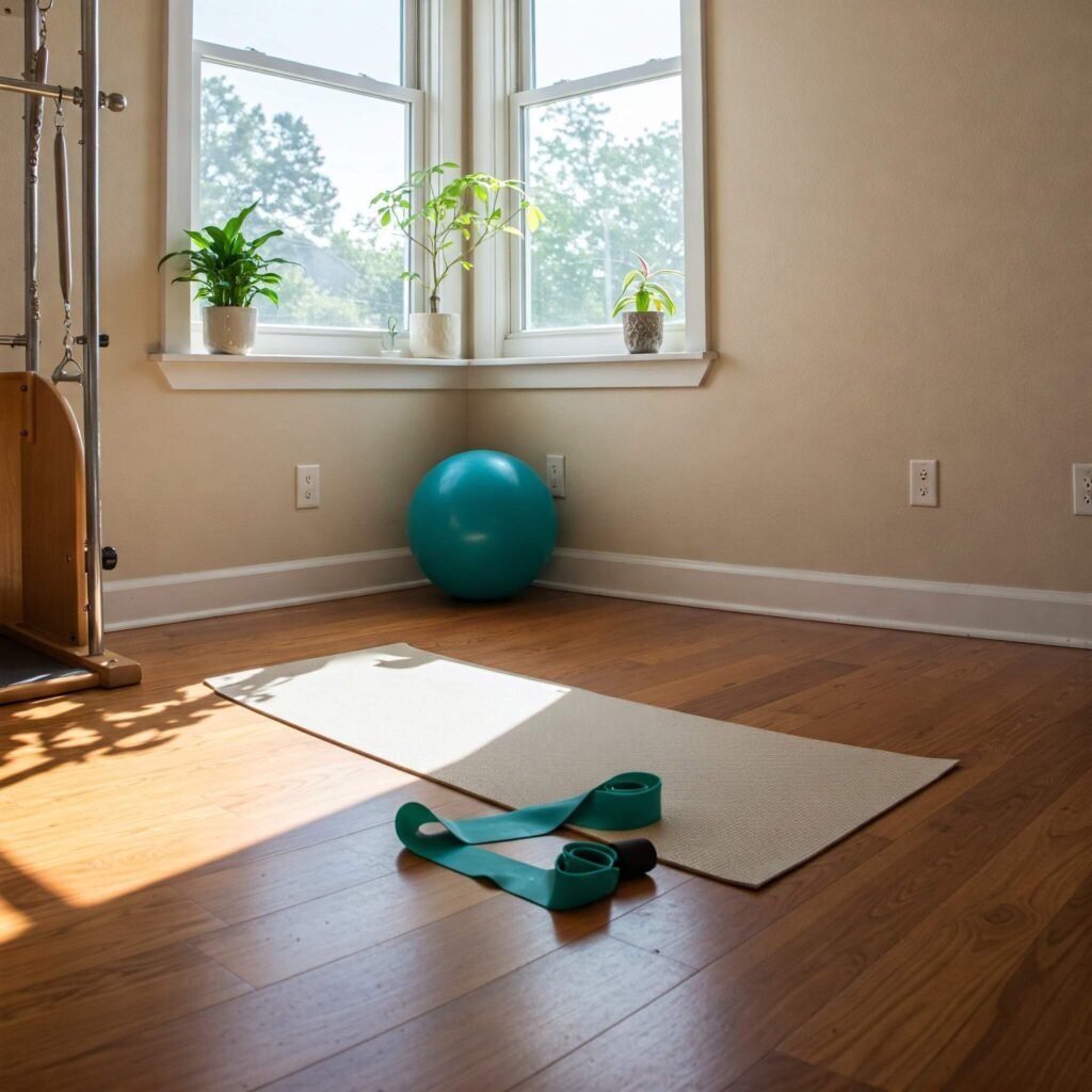 Cozy home Pilates setup with mat, band, and natural light.