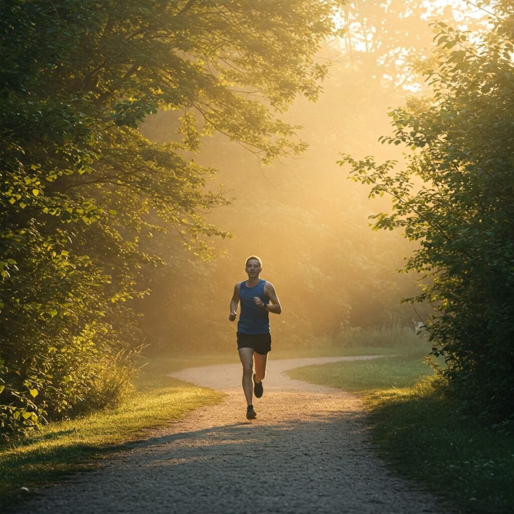Person jogging in a park at sunrise