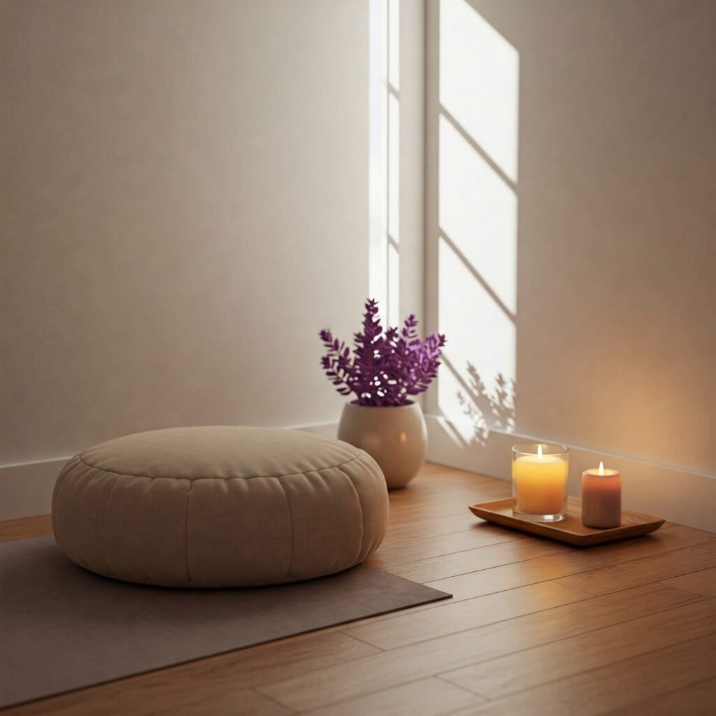 Calming meditation setup with soft lighting and neutral tones