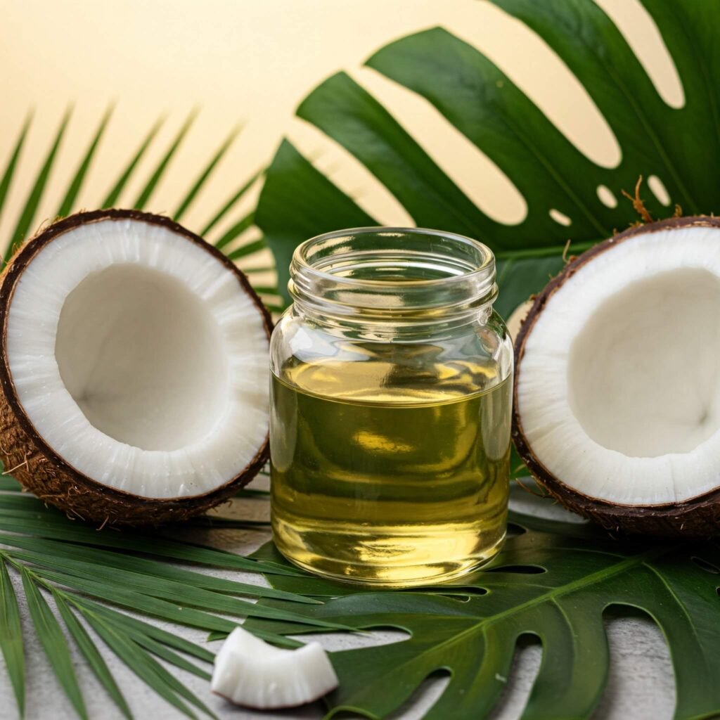 Coconut oil jar with coconut and tropical leaves