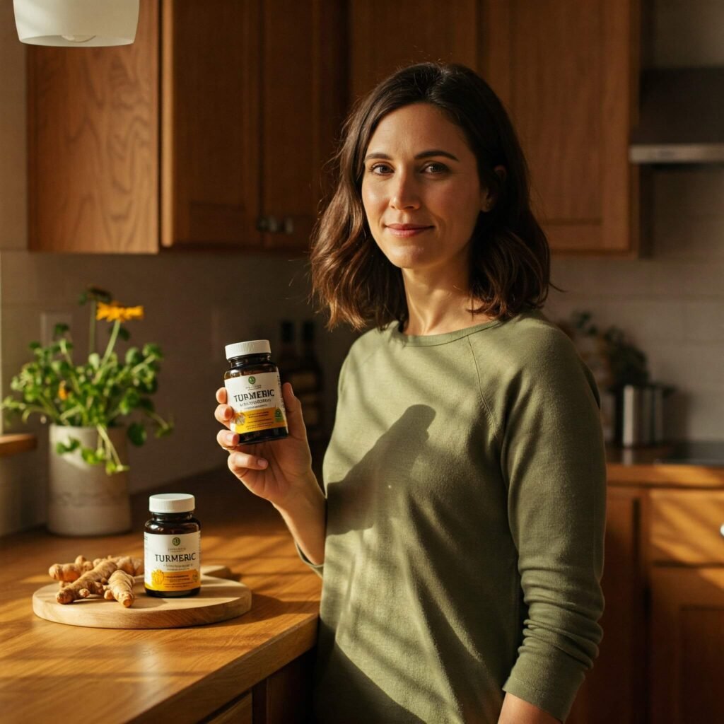 Person holding turmeric supplement in natural setting.