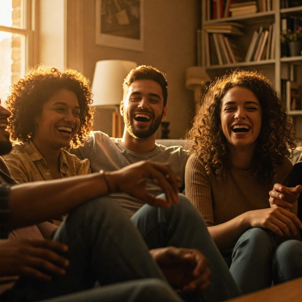 Friends laughing indoors.