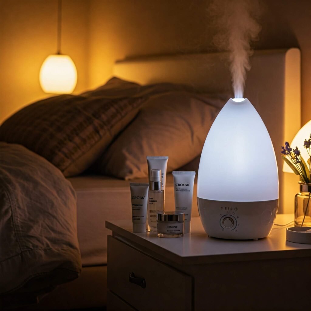 Cozy bedroom with humidifier and skincare for self-care.