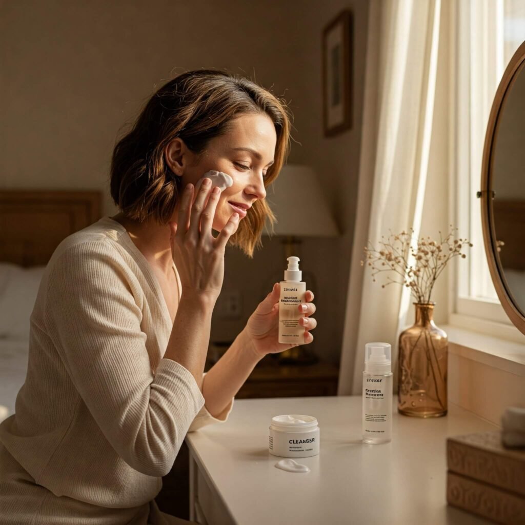 Skincare routine at vanity
