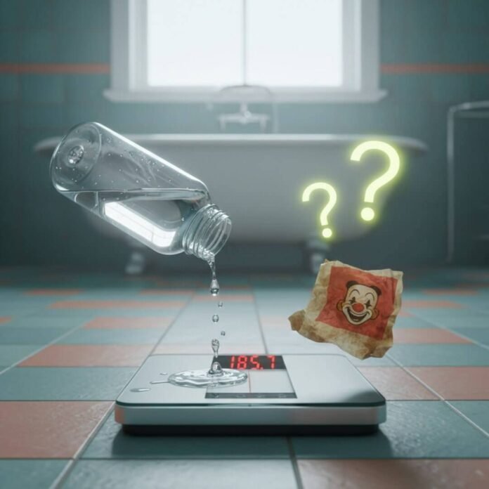 Half-empty water bottle, scale, fast-food wrapper, and question marks.