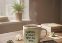 Emotional Wellness: Simple Practices to Improve Your Mental Health Coffee mug with sticky note, phone, crumpled notes on desk.