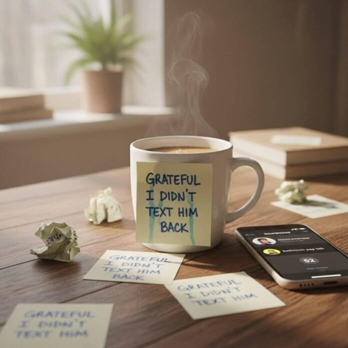 Coffee mug with sticky note, phone, crumpled notes on desk.
