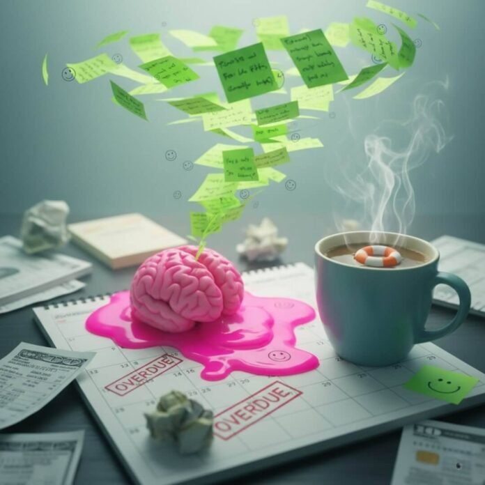 Desk chaos: stress, bills, coffee, and floating sticky notes.