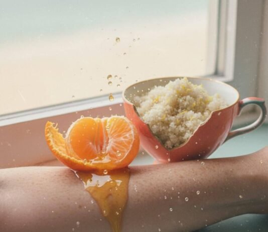 Exfoliation Methods You Need to Try for a Fresh, Radiant Complexion Half-peeled tangerine dripping onto an arm with a sea-salt scrub.