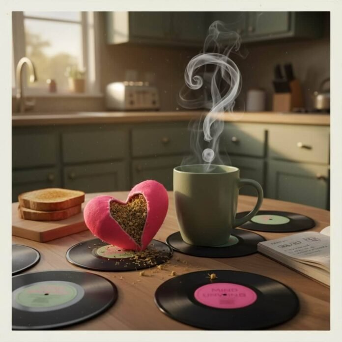 "Muted kitchen scene with a stress ball, tea, and record coasters."