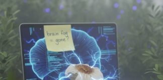 Unlock the Power of Lion’s Mane Supplement: The Brain Booster You’ve Been Missing Lion's Mane mushroom, coffee, laptop, and "brain fog = gone?" note.