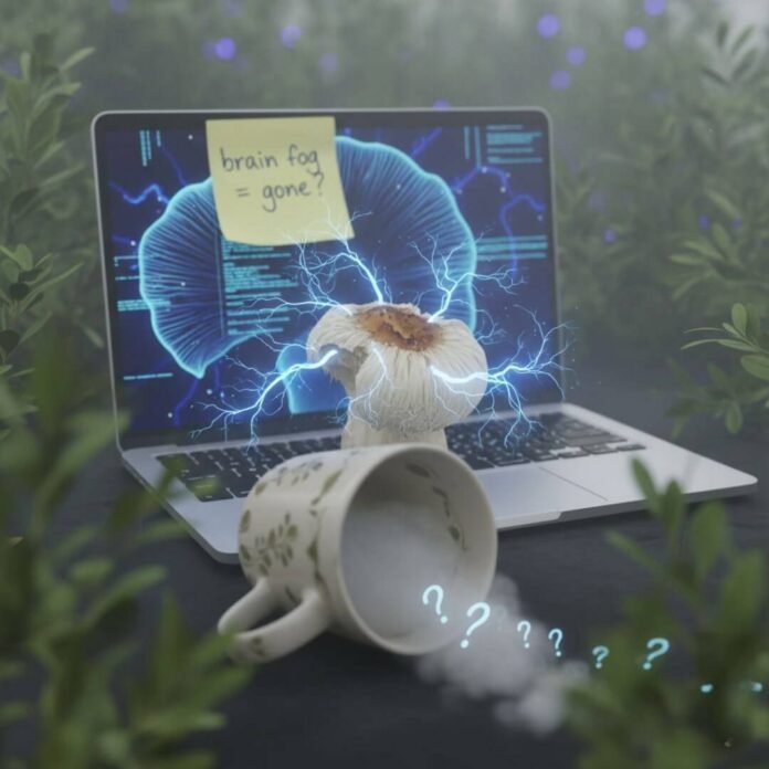 Lion's Mane mushroom, coffee, laptop, and "brain fog = gone?" note.