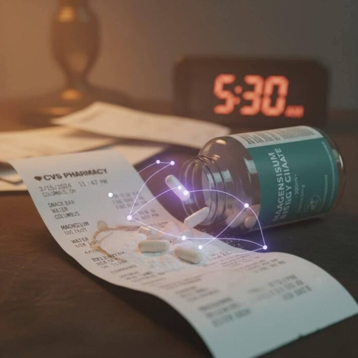 Magnesium pills, CVS receipt, and constellation lines on a table.