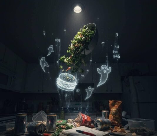 Meal Planning for Weight Loss: How to Stay on Track and See Results "Midnight kitchen chaos: salad, ghostly calories, fading diet."