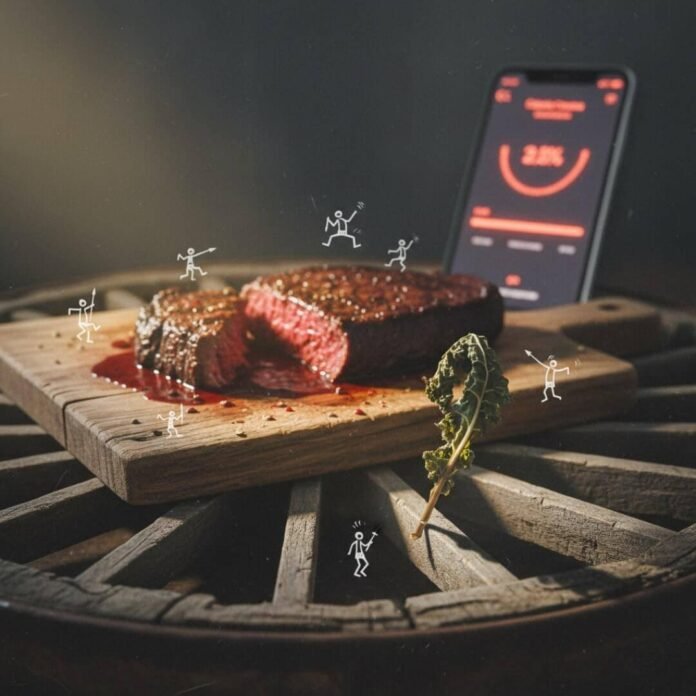 Bison steak, iPhone, and kale on a wooden board.
