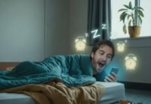 Sleep Hygiene Tips to Improve Your Sleep and Wake Up Refreshed Motel room, man yawning, phone, messy bed.