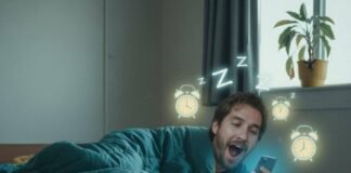 Sleep Hygiene Tips to Improve Your Sleep and Wake Up Refreshed Motel room, man yawning, phone, messy bed.