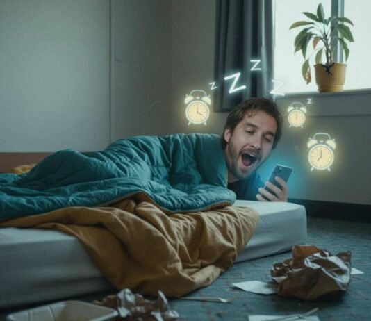 Sleep Hygiene Tips to Improve Your Sleep and Wake Up Refreshed Motel room, man yawning, phone, messy bed.