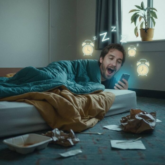 Motel room, man yawning, phone, messy bed.