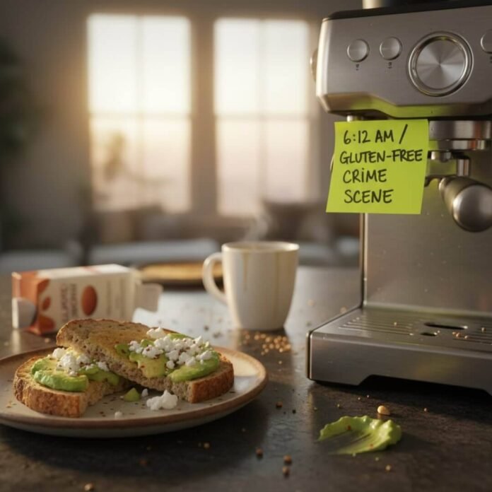 "Gluten-free breakfast crime scene at 6:12 a.m."