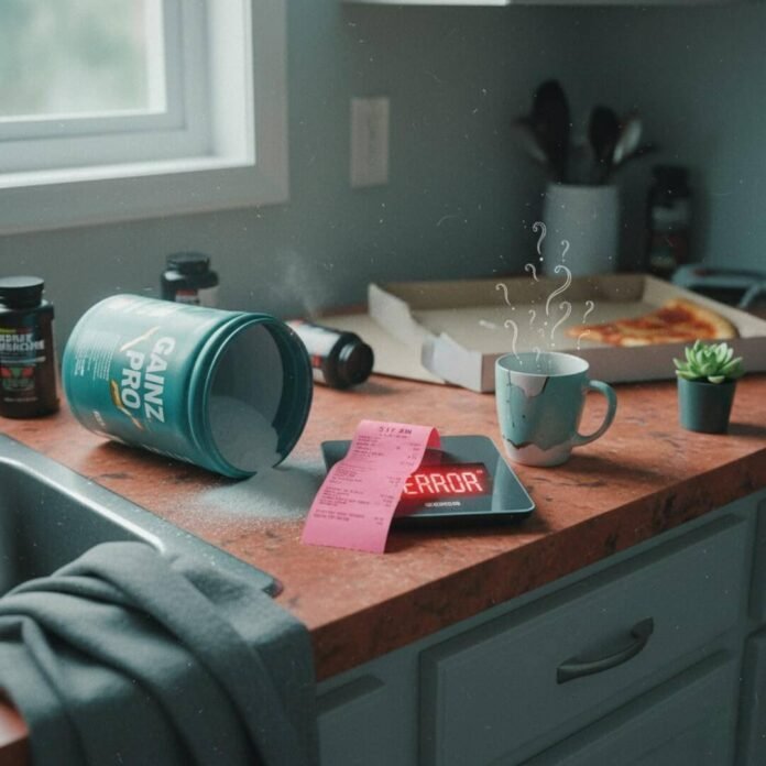 Cluttered counter with protein powder, error scale, and coffee.