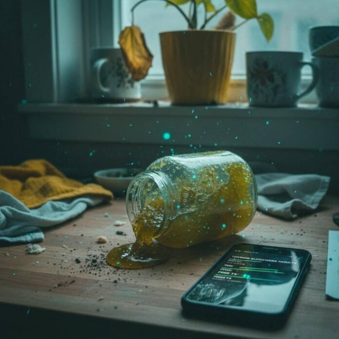 Sea moss gel spills next to a cracked phone and wilted plant.