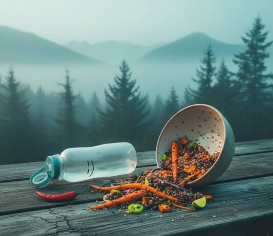 Healthy Recipes for Weight Loss: Delicious Meals That Help You Shed Pounds Quinoa bowl spilling on a picnic table in foggy mountains.