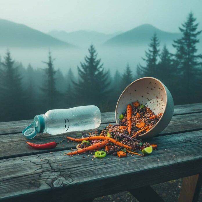 Quinoa bowl spilling on a picnic table in foggy mountains.(1) Quinoa bowl spilling on a picnic table in foggy mountains.
