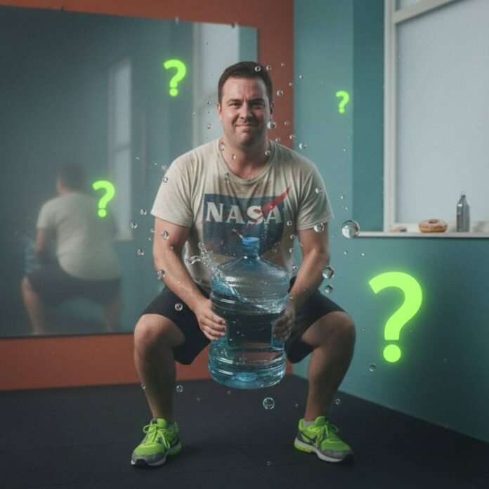 Man squats with water jug, donut reflected in mirror.